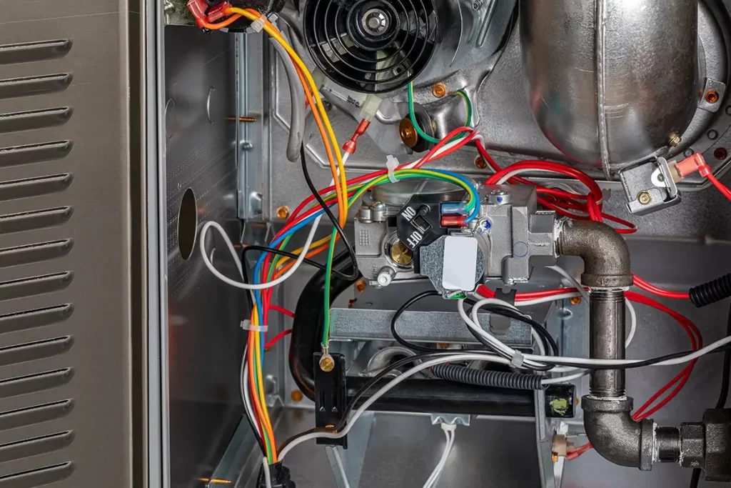 A close-up image of wiring in a furnace